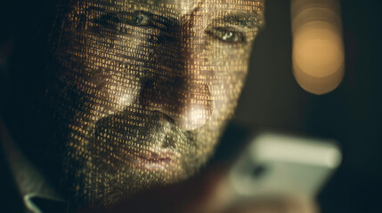 Un uomo guarda il suo telefono e i suoi dati digitali sovrascrivono il suo volto. Concetto di identità digitale