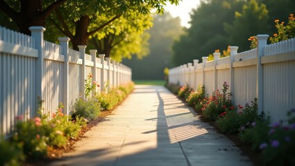 A sun-drenched walkway flanked by a pristine white picket fence, adorned with vibrant flowers, creates a peaceful and tranquil scene.