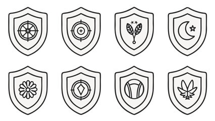 Collection of stylized shield emblems with various symbols in a clean outline design