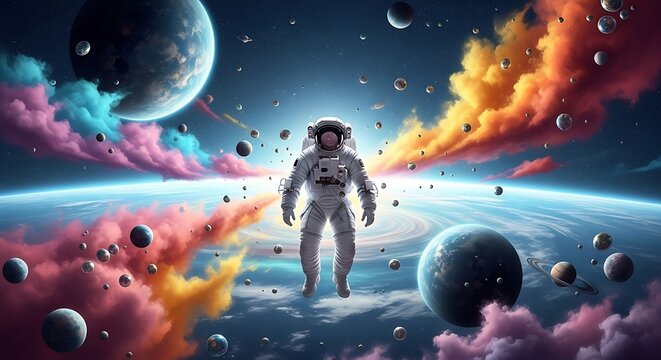 An astronaut floats through a vibrant nebula and planets in deep space, blending surreal sci-fi art with cosmic wonder.