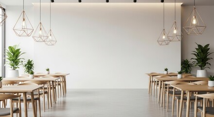 Bright, Minimalist Cafe Interior with Symmetrical Wooden Tables and a Large Blank Wall for Mockups.