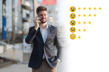 Happy Client customer experience concept. Man recording phone inquiry with checkboxes, smiling face...