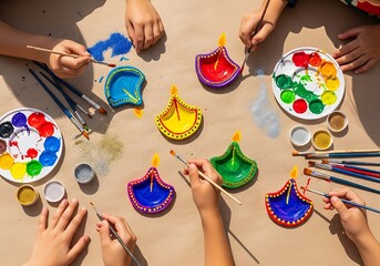 Children joyfully paint colorful diyas for a festive celebration