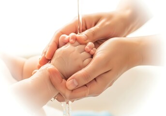 A parents gentle hands washing a babys foot with water, isolated on white background, emphasizing care, hygiene, the tenderness of the moment