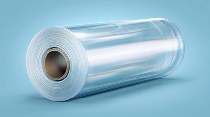 A large roll of industrial film with transparent material laying on a light blue background. 3d illustration.