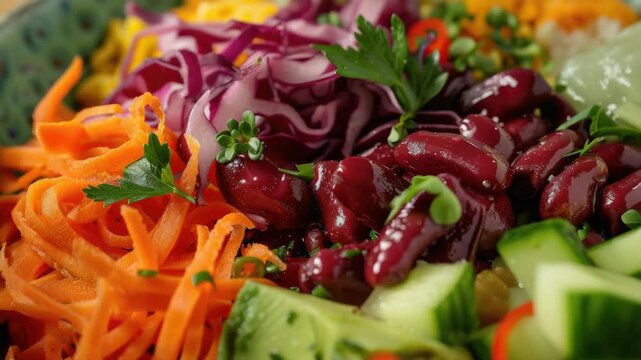 Vibrant and nutritious salad with beans, carrots, cucumbers, tomatoes, garlic and red onion