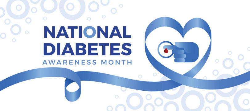 National diabetes awarenesee month - Hand with drop blood in long blue ribbon roll to heart shape on circle rings texture background vector design