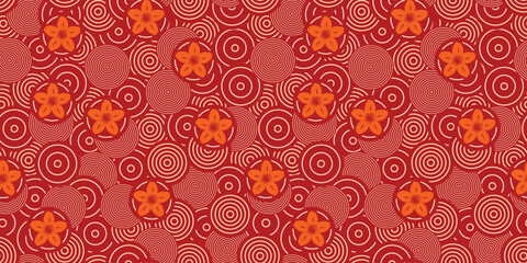 Abstract Seamless Pattern with Concentric Circles and Orange Flowers on Red Background. Japanese geometric and floral design for textiles and stationery. Perfect for textile prints, wallpapers