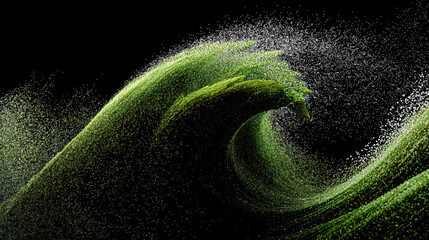 An abstract wave of green particles rising from a plant seed, transforming into a stylized bar chart  on a dark background. 3d illustration.