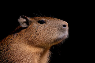 Gentle capybara's head shown in profile against a dark background with focus on its fur and features