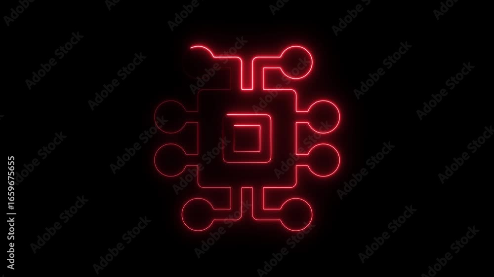 Poster Red neon glowing abstract circuit board icon with connected nodes on black background technology chip
