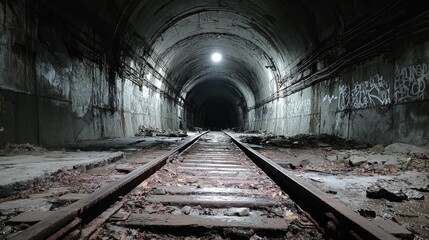 Dark Abandoned Tunnel with Rusty Railway Tracks and Graffiti on Walls, Evoking an Atmosphere of Mystery and Urban Decay in an Underground Setting