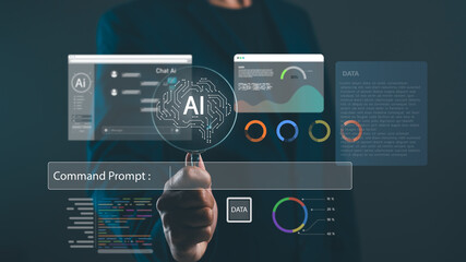 A person interacts with digital interfaces displaying AI data visualizations, showcasing technology and innovation in a modern workspace.