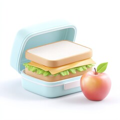 A lunchbox containing a sandwich with lettuce and cheese alongside a shiny apple, ideal for promoting healthy eating and meal preparation concepts in educational or nutritional content,