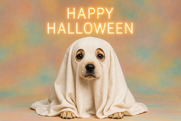 High resolution photo of a cute dog dressed in a ghost costume made from a white sheet with eye holes, sitting against a soft pastel background with glowing neon “Happy Halloween” text above, adorable