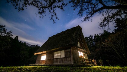 Rustic Japanese home under a night sky