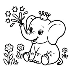 Happy baby elephant wearing a crown spraying water coloring page cute cartoon