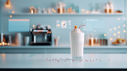 AI generator image of milkshake cup, Creamy strawberry berries and fruits milkshake Sprinkles vanilla milkshake, lush foam, multicolored chips Whipped Sweet Delicious And digital graphs show calories 