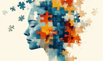 Illustration of ADHD and mental health challenges, symbolizing cognitive and emotional struggles with abstract elements like scattered puzzle pieces or brain imagery, depicting, Generative AI