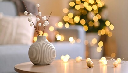 Brightly lit Christmas tree decorated with golden ornaments and sparkling lights with a festive bokeh background