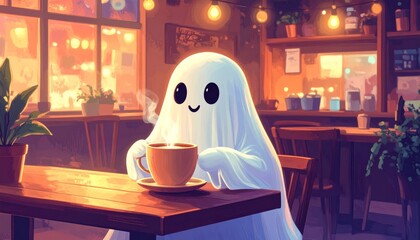 Cute little ghost sipping hot cocoa in a small cozy café, warm lighting, peaceful and inviting atmosphere