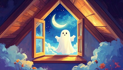 Cute little ghost looking at the sky through an attic window, soft moonlight shining in, quiet and dreamy atmosphere