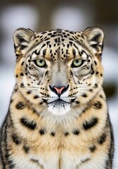 Obraz premium Intense Snow Leopard Portrait Soft Natural Light Symmetrical Composition Hyper-Detailed Fur