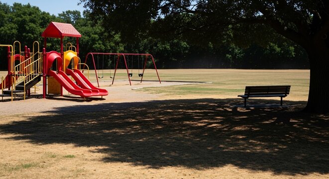 Playground with Slides Swings and Bench in Park.