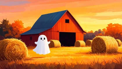 Little Ghost on the Farm by the Barn and Haystack