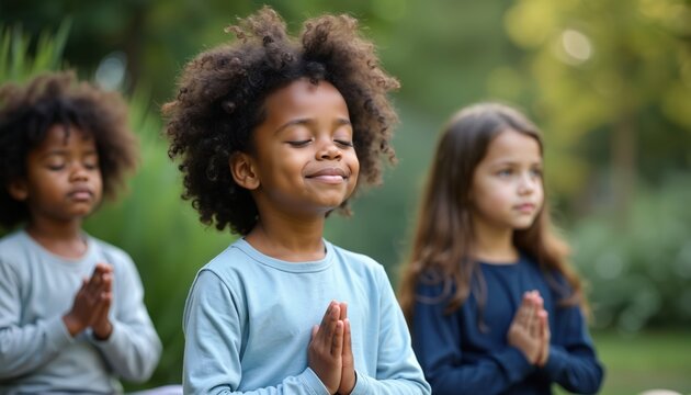 Three kids practice mindfulness in peaceful garden. African child, girl with eyes closed smiles, prays with hands together. Children meditate, relax, learn conscious discipline to relief emotions.