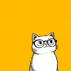 A cat wearing glasses is standing on a yellow background