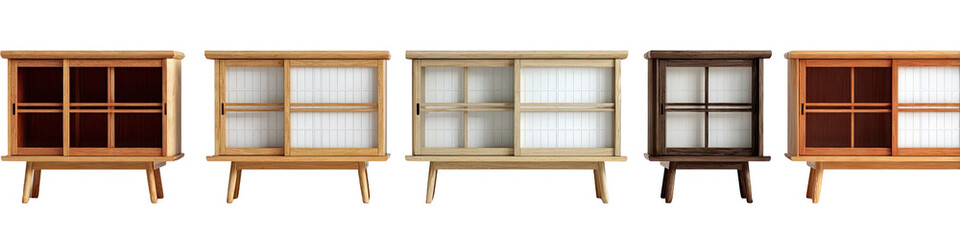 Four light wood and dark wood sliding-door cabinets