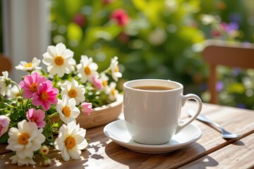 Fototapeta premium Serene Outdoor Coffee Break with Colorful Flowers