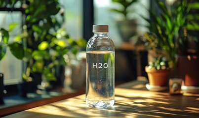 Clear, reusable water bottle filled with fresh water, labeled with the chemical formula H2O, symbolizing hydration and emphasizing the importance of water for health and well-being, Generative AI