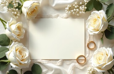 Elegant wedding invitation mockup featuring white roses, pearls, gold rings on soft fabric. Blank card awaits personalized text for romantic celebration, engagement, bridal shower. Plants, delicate