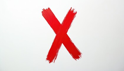 Bold red X mark painted on white paper signifies rejection error. Strong brushstroke texture adds visual impact. Clear communication of negative concept, striking statement against plain background.
