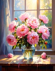 A colorful spring bouquet of pink peony in a glass vase