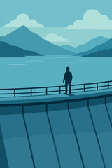 Naklejka premium Solitary figure on dam overlooking serene lake with mountain background in minimalistic style