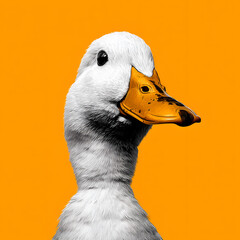 A duck with a yellow beak is standing on a yellow background