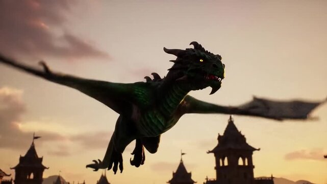 Dragon Flying Over Medieval Village at Sunset