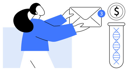 Woman placing envelope with notification next to a test tube containing DNA strand and dollar sign. Ideal for funding, science, genetics, health, email communication, medical research, simple flat