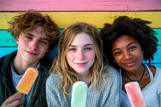 Group of happy teenagers eating colorful popsicles in front of a bright rainbow wooden wall