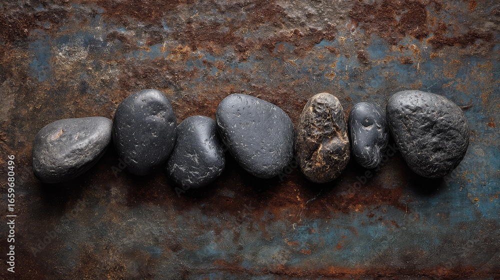 Poster A Smooth Collection of Natural River Stones Displayed on a Rustic and Textured Metal Surface with Unique Patterns and Color Variations