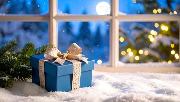 A beautiful blue gift box sits on a snowy windowsill with a festive winter wonderland scene outside - Powered by Adobe