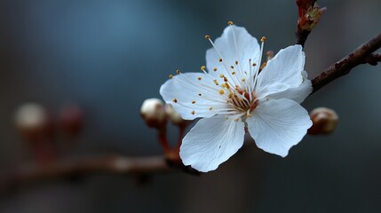 Delicate white cherry blossom unfurling on a dark moody background, capturing spring's gentle beauty