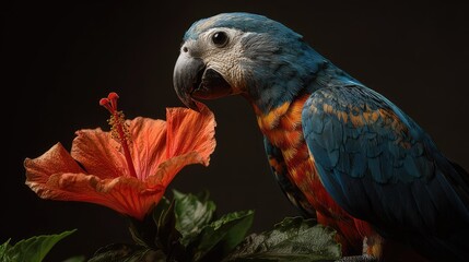 Vibrant Parrot Perched Near Striking Orange Hibiscus Flower Captured in Studio Setting with Soft Lighting, Showing Intricate Details and Rich Colors