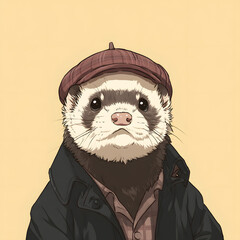 A small animal wearing a hat and a coat