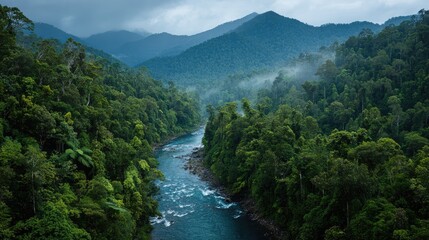 Lush Green Rainforest Oasis Surrounded by Majestic Mountains and a Serene River Flowing Through Dense Tropical Vegetation Under a Cloudy Sky