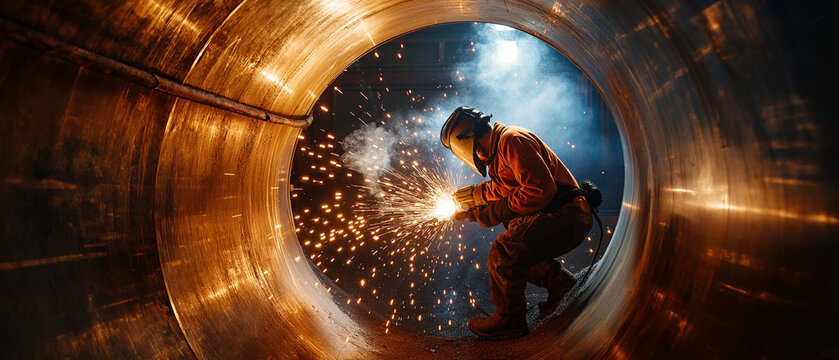 AI generator images of Mig ,Metal Inert Gas Welding Machine Stainless Steel Pipe Welding, Welders at oil refineries weld high-pressure pipes. Metal arc welding uses a continuous supply of consumable 