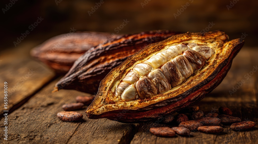 Poster close-up of a cocoa pod cut open showing raw cacao beans ready for chocolate production with rustic 